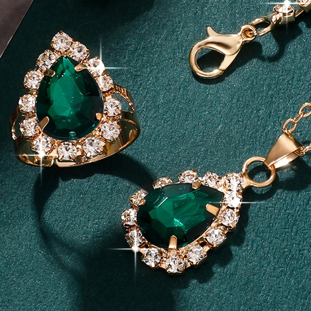 Elegant 5pcs Green Rhinestone Jewelry Set for Women - Sparkling Studs, Necklace, Ring & Earrings - Perfect for Daily Wear or Parties