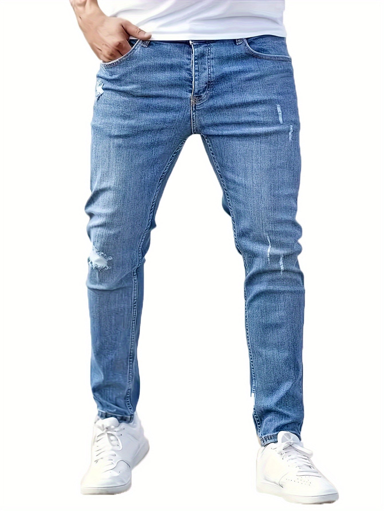 Men's Slim Fit Stretch Jeans - High Waist, Solid Color Casual Denim Pants with Ripped Detail, Machine Washable