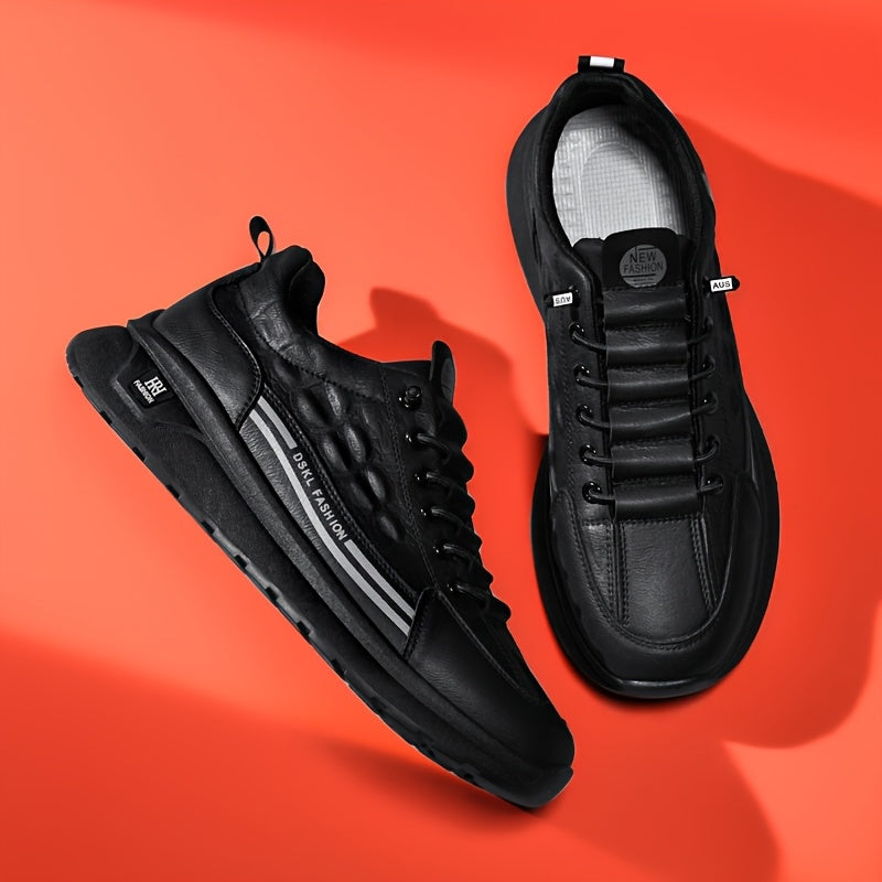 Men's Breathable Casual Sneakers - Comfortable, Versatile Stylish Shoes for Running, Sports Casual Attire, Black with White Accents, PU Upper PVC Sole, Round Toe, Lace-Up Design, All-Season Use
