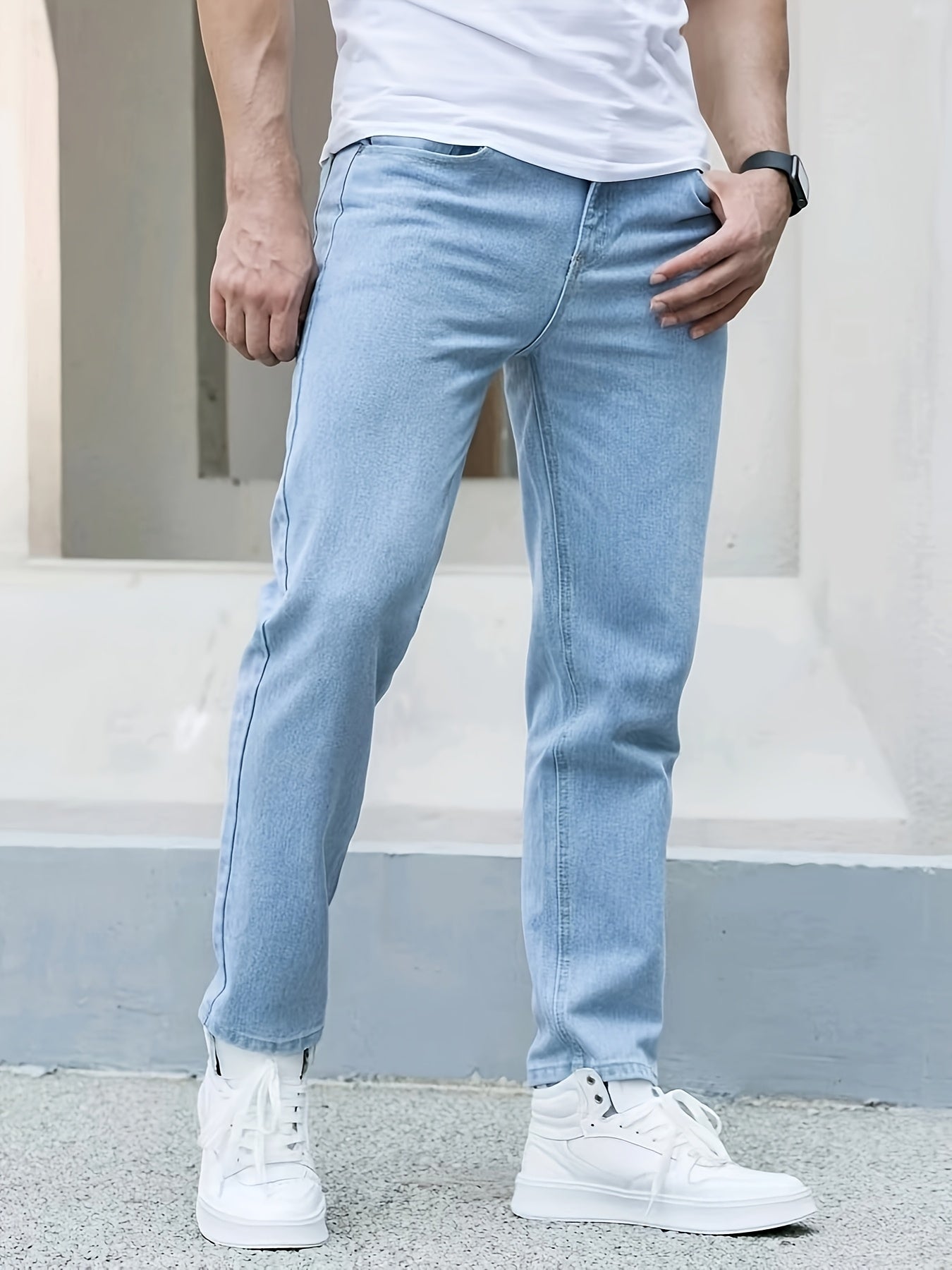Տղամարդկանց Slim Fit Skinny Jeans, 65% Cotton 35% Polyester, Casual Denim, All-Season Laned Soled Color, Սովորական երկարություն, 400g/m² Հյուսվածք, Թեթև ձգվող