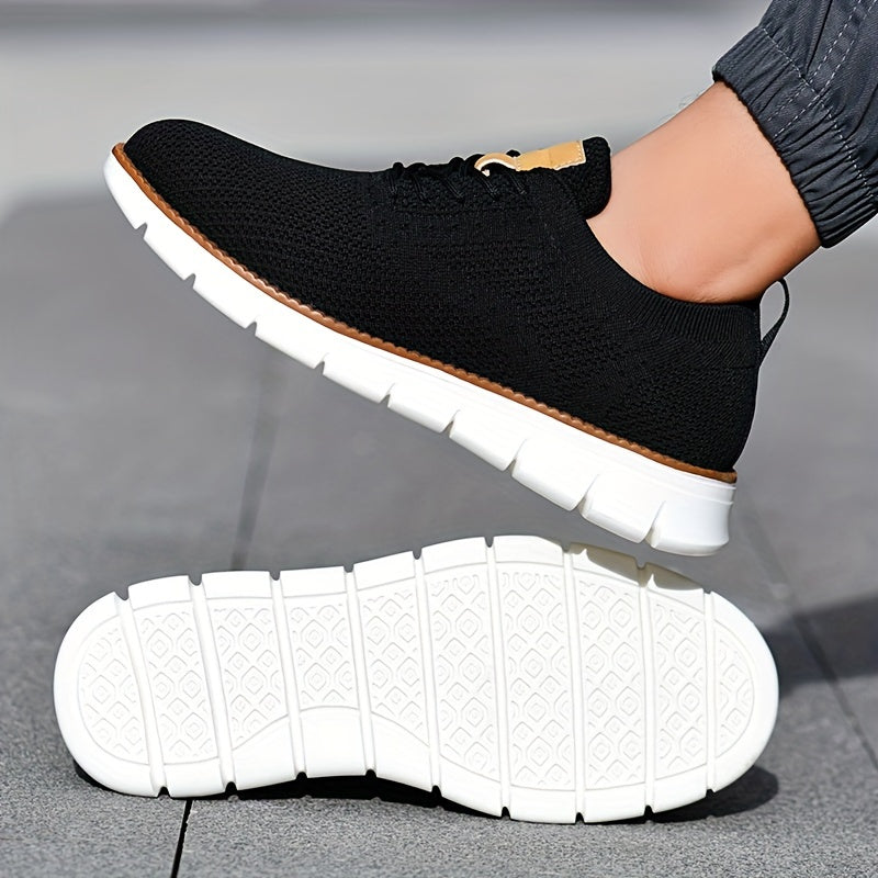 Men's Breathable Knit Business Casual Shoes - Beige with Brown Accents, Lace-Up, EVA Sole, Round Toe, Versatile for All Seasons, Dressy Shoes