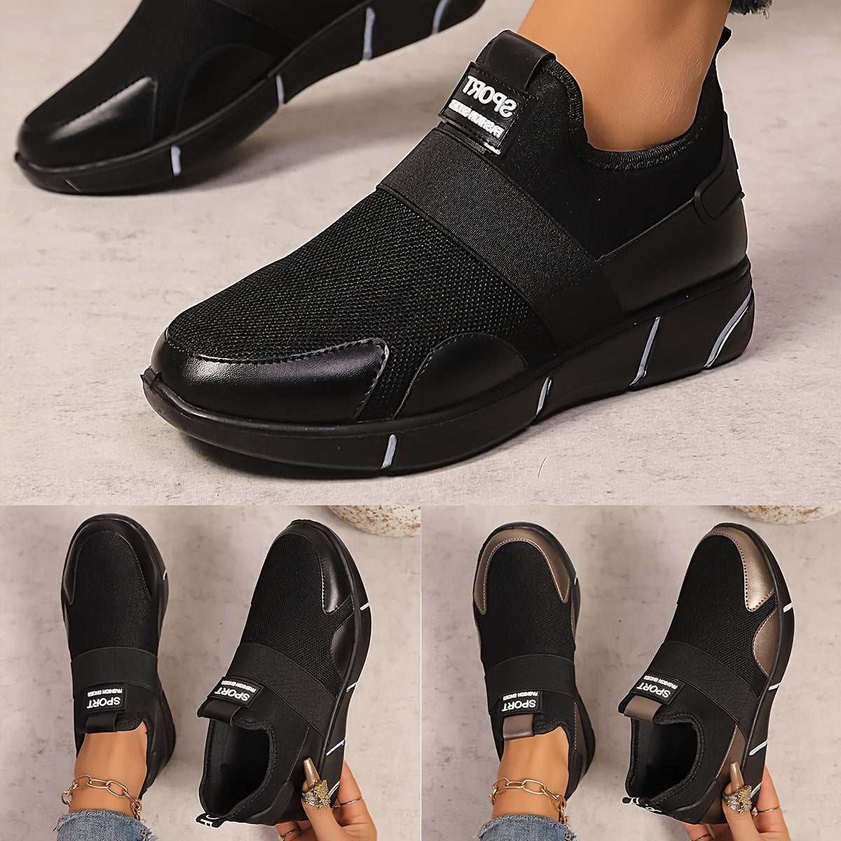 Women's Slip-On Sneakers - Lightweight Knit Upper, Breathable Design, Comfortable Casual Shoes with Strap, Black Golden Accents, Round Toe for All-Day Wear, Sporty Sneakers Round Toe Shoes Flexible Sole, Ladies Sneakers