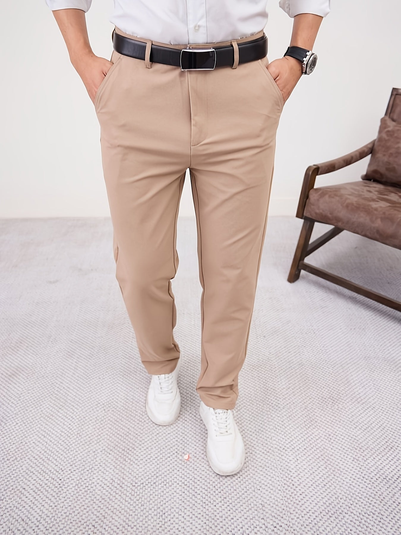 Men'S Casual Solid Color Regular Length Slight Stretch Woven Fabric Pants for Adult