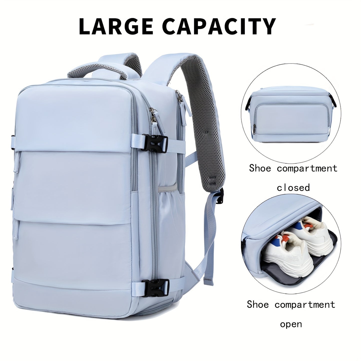 Airline-Approved 38.1cm Laptop Travel Backpack for Women, Light Blue Polyester with Adjustable Straps, Shoe Compartment & USB Charging Port - Ideal for School & Work Trips, Laptop Bag