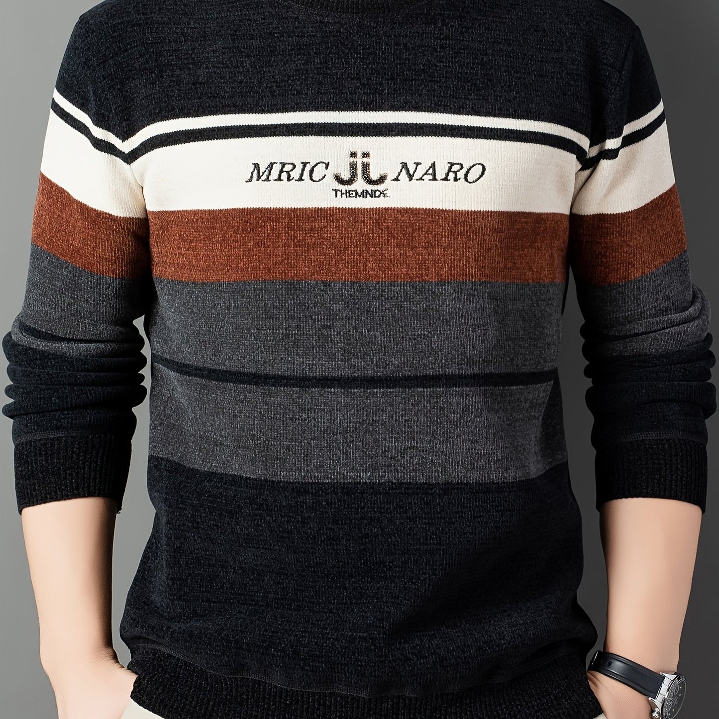 New Winter Striped Men'S Round Neck Sweater, Fleece-Lined for Comfort, Stylish And Casual Warm Pullover with Letter Pattern, Thick Knitted Top for Men in Winter