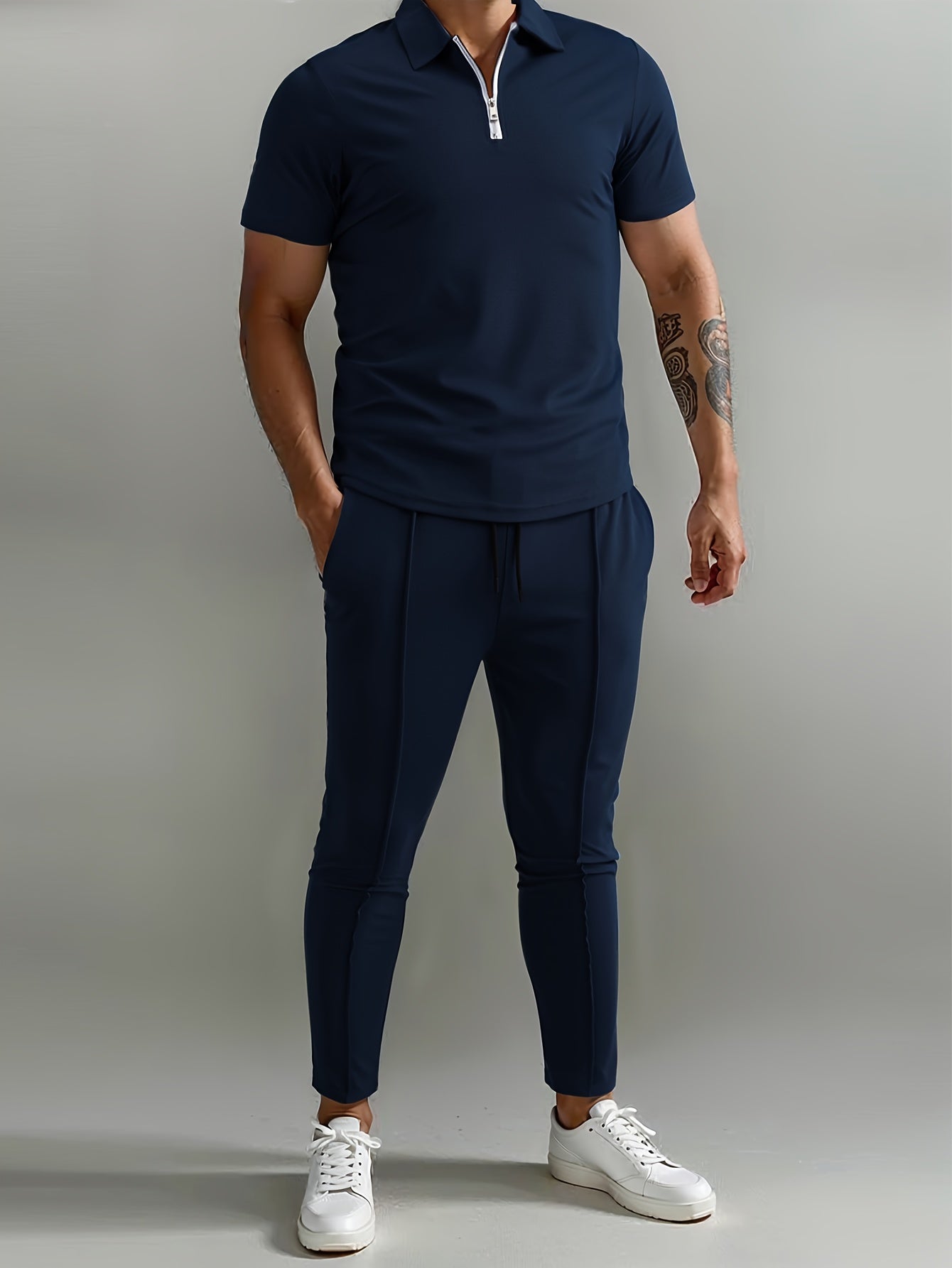 Men's Slim-Fit Casual & Joggers Set - Breathable Polyester, Short Sleeve, Summer Outdoor Wear