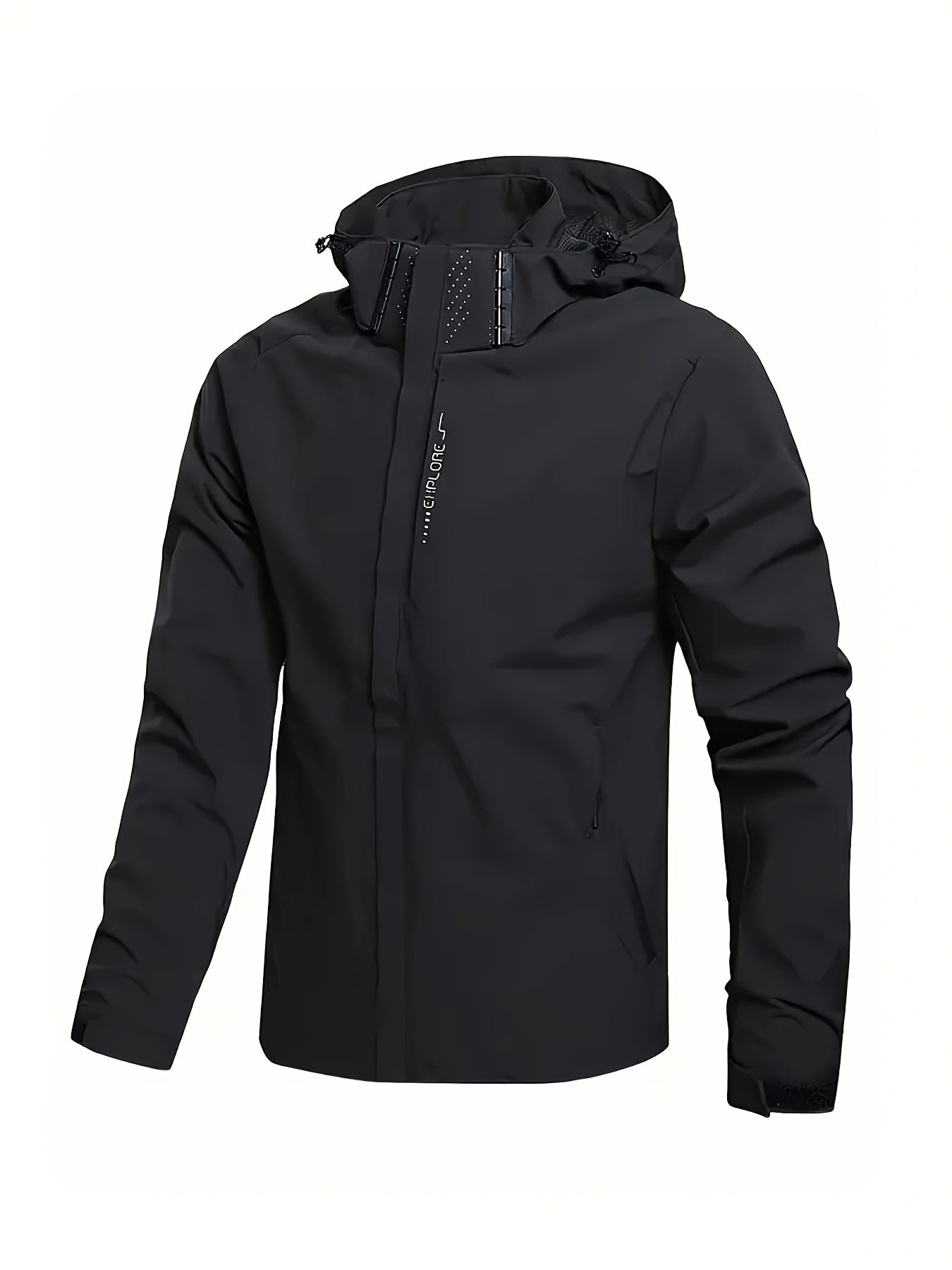Men's Hooded Casual Windbreaker Jacket - 100% Polyester, Non-Stretch Woven Fabric, Long Sleeve, Regular Length, Alphabet Pattern, Zippered Pockets, Detachable Hood - All-Season Outdoor Lightweight Coat