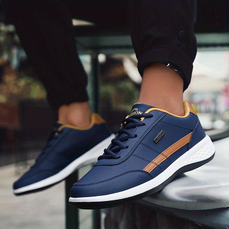 Casual Sneakers| VanWeir Men's Fashion Sneakers - Casual Lace-Up Shoes with PU Upper & MD Sole, Comfortable Fabric Insole, Versatile for All Seasons, Navy Blue with White & Orange Accents, VANWEIR