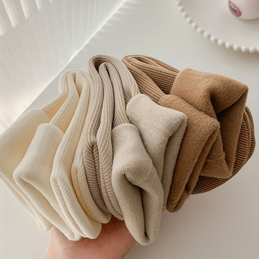 5 Pairs Women'S Knee-Length Thermal Fleece-Lined Socks, Solid Color, Polyester Knit Fabric, 100% Polyester, with Hand Washable