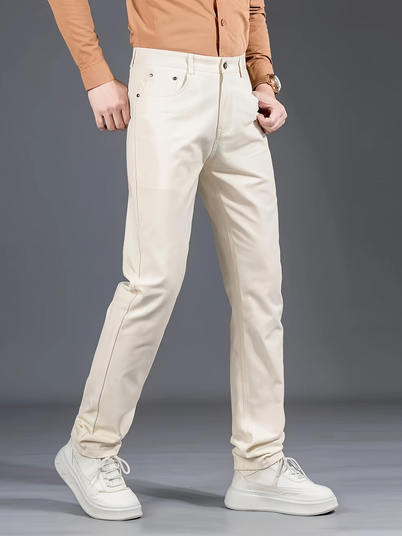 Men's Solid Color Mid Waist Regular Fit Cotton Dress Pants with Zipper Fly – Non-Stretch Woven Fabric – Basics Style for Mature Occasions – Fall/Winter Collection