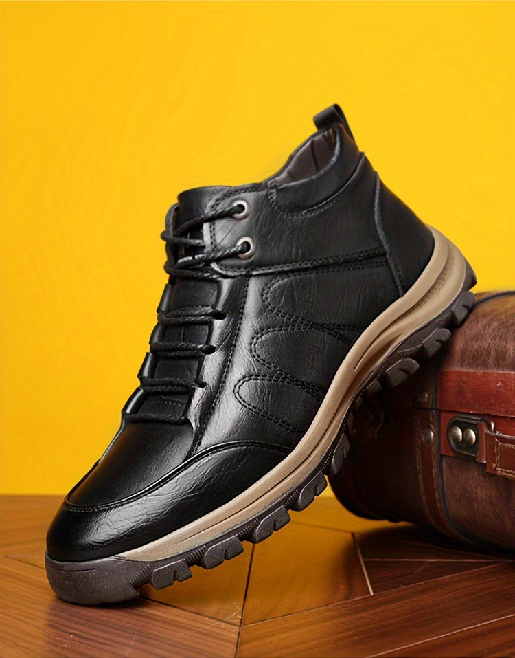 Men'S Stylish Black Leather High-Top Boots - Casual, Fashionable, Business-Ready with Lace-Up Closure, Rubber Sole, and Round Toe Design for Winter Sports and Daily Wear, Winter Boots|Stylish High Boots|Laceup Boots