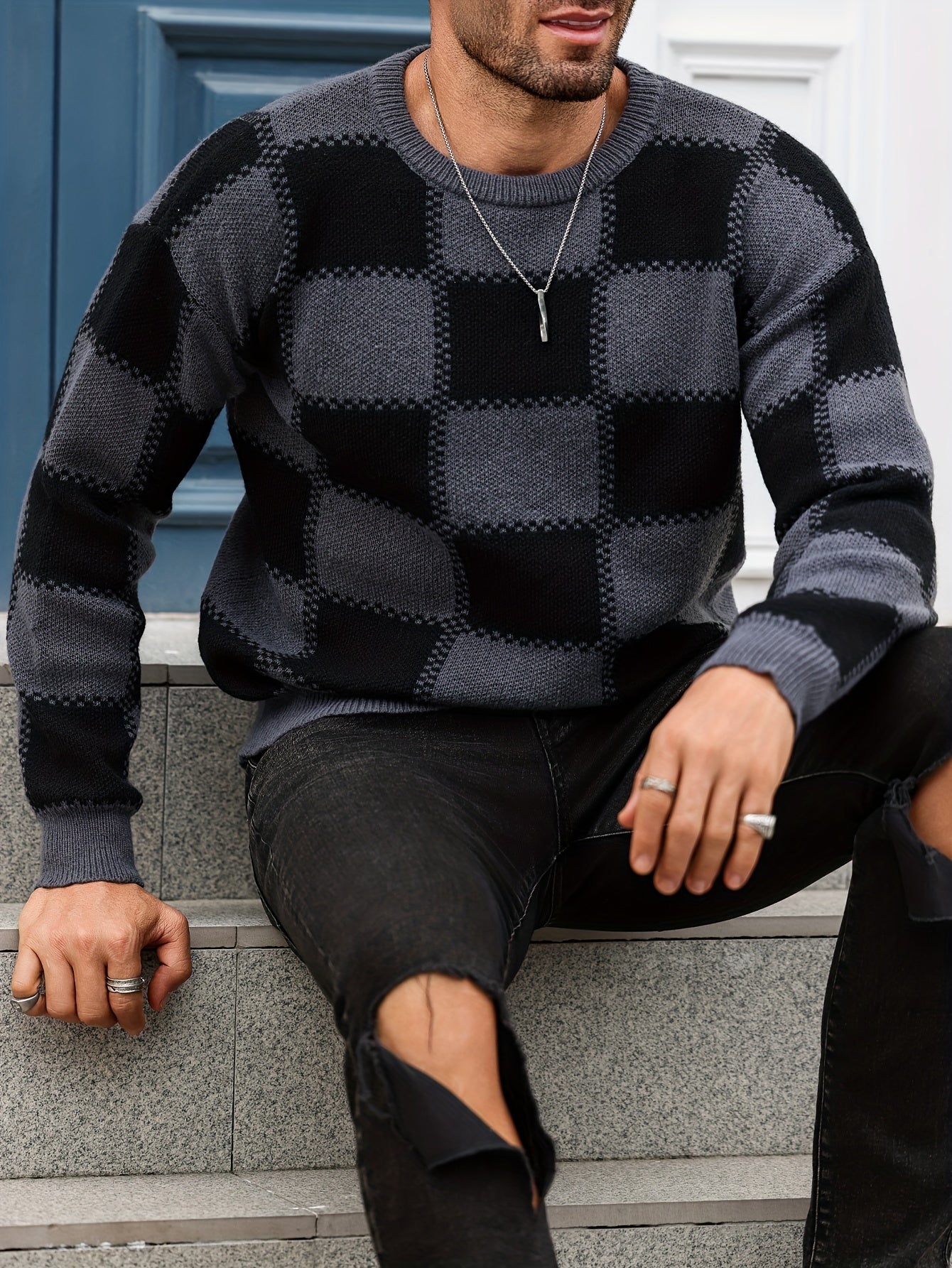 Men's Color Blocking Textured Checked Print Casual Trendy Sweater, Long Sleeve Pullover As Gift For Fall And Winter