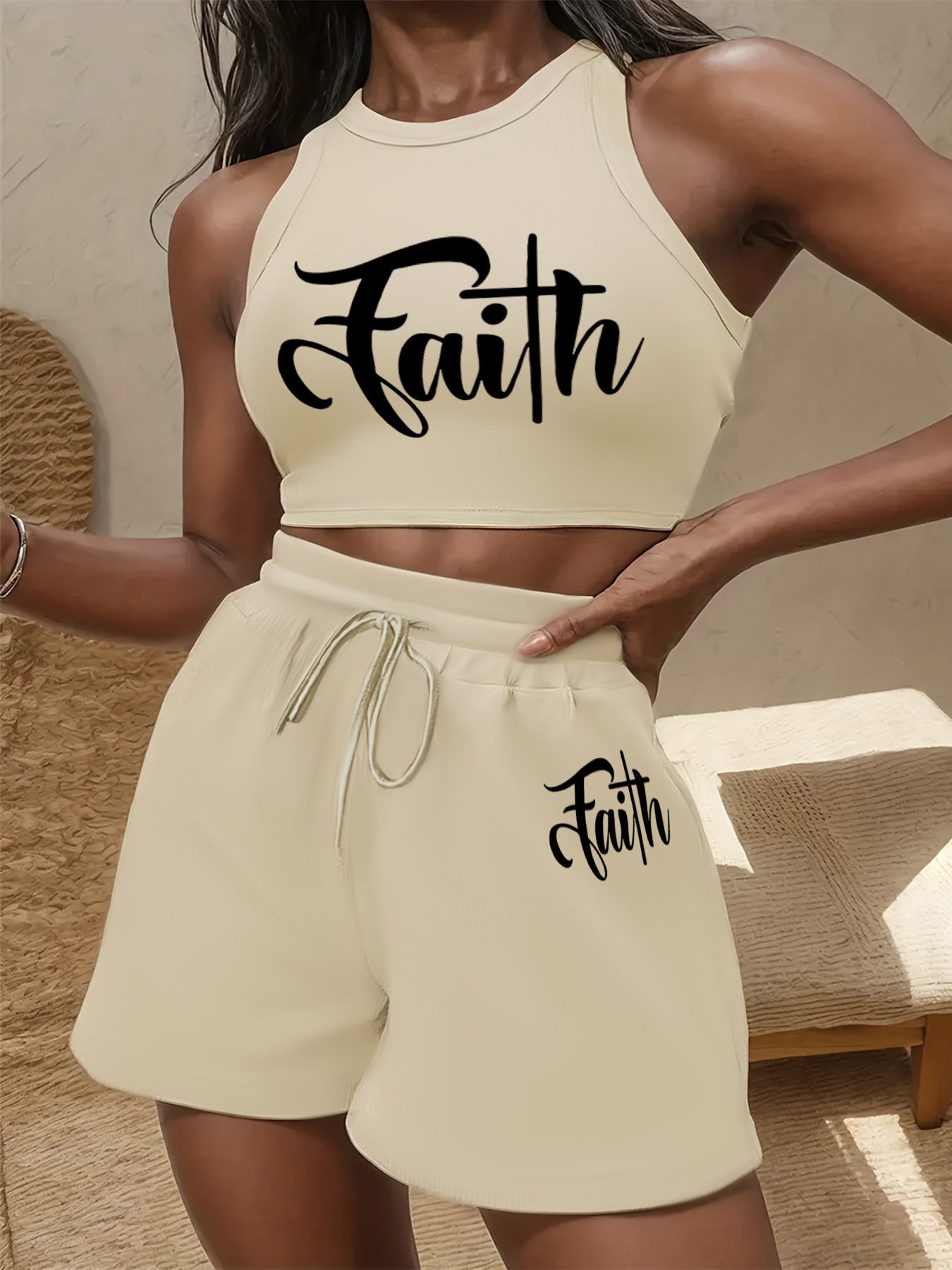 Women's Casual Two-Piece Set with English Print & Wide Leg Pants