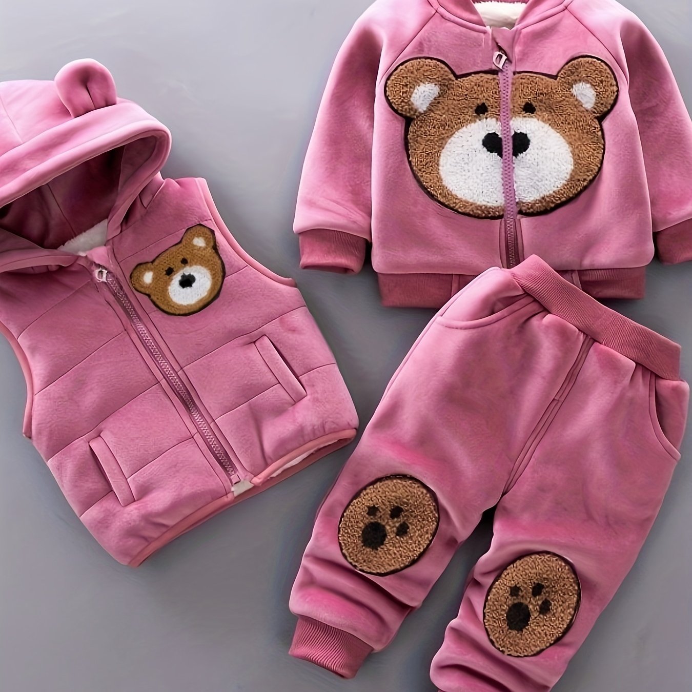 3pcs Boys & Girls Winter Warm Hooded Bear Set - Thick Bear Head Vest, Matching Pants & Hoodie, Cozy 3pcs Outfit for Outdoor Play, Casual Wear (Easy-Care Baby Clothes, Hand/Dry Clean), Perfect for Outdoor