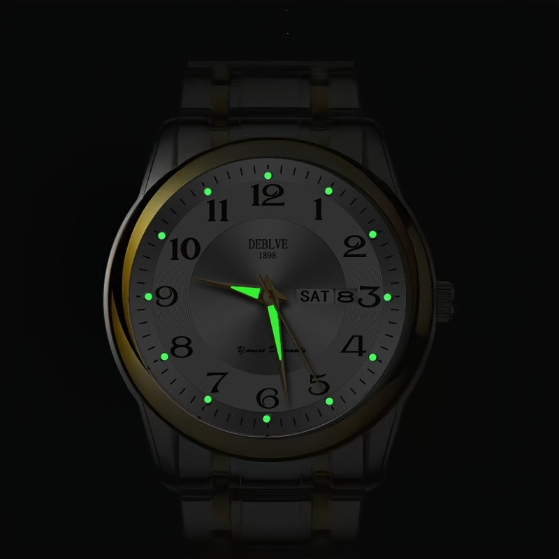 DEBLVE Men'S Fashionable Stainless Steel Watch with Luminous Numbers, Calendar & Week Display - Quartz Movement, Business Style, Ideal for Travel & Daily Use