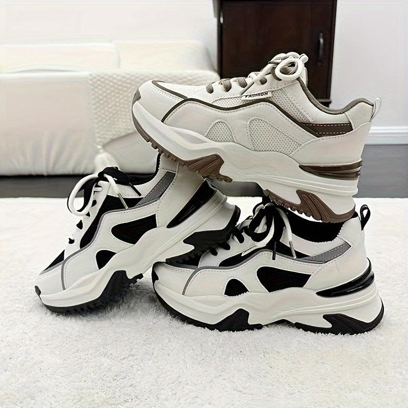 Women's Breathable Mesh Chunky Sneakers - Versatile All-Season, Mid-Top Lace-Up Sports Shoes in Beige/Brown & Black/White, Faux Cover Upper with Rubber Sole, Easy Care, High Top Sneakers
