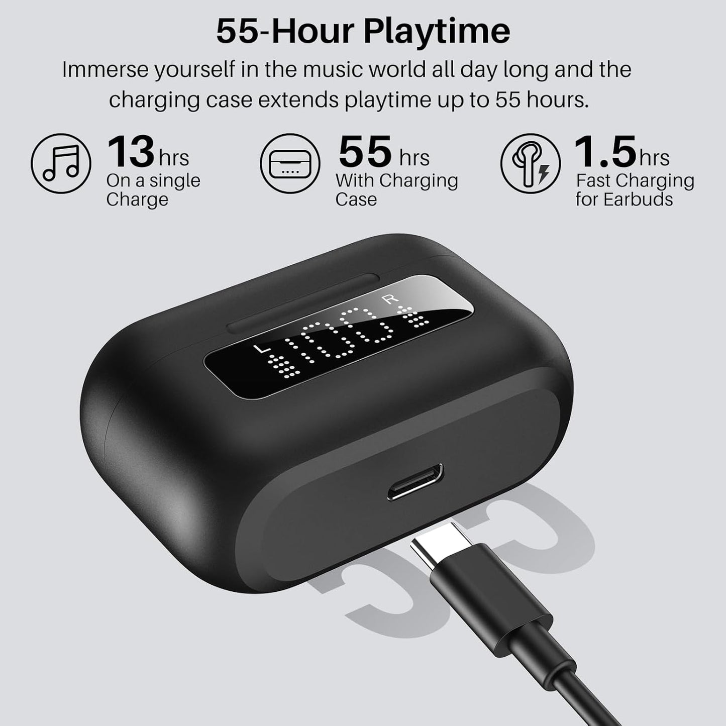 TOZO Hybrid Active Noise Cancelling Wireless Earbuds with 6 Mics AI Clear Call Ear Buds 55H Playtime with LED Display 32 Preset Eqs via APP Bluetooth 5.3 IPX8 Waterproof in Ear Headphones