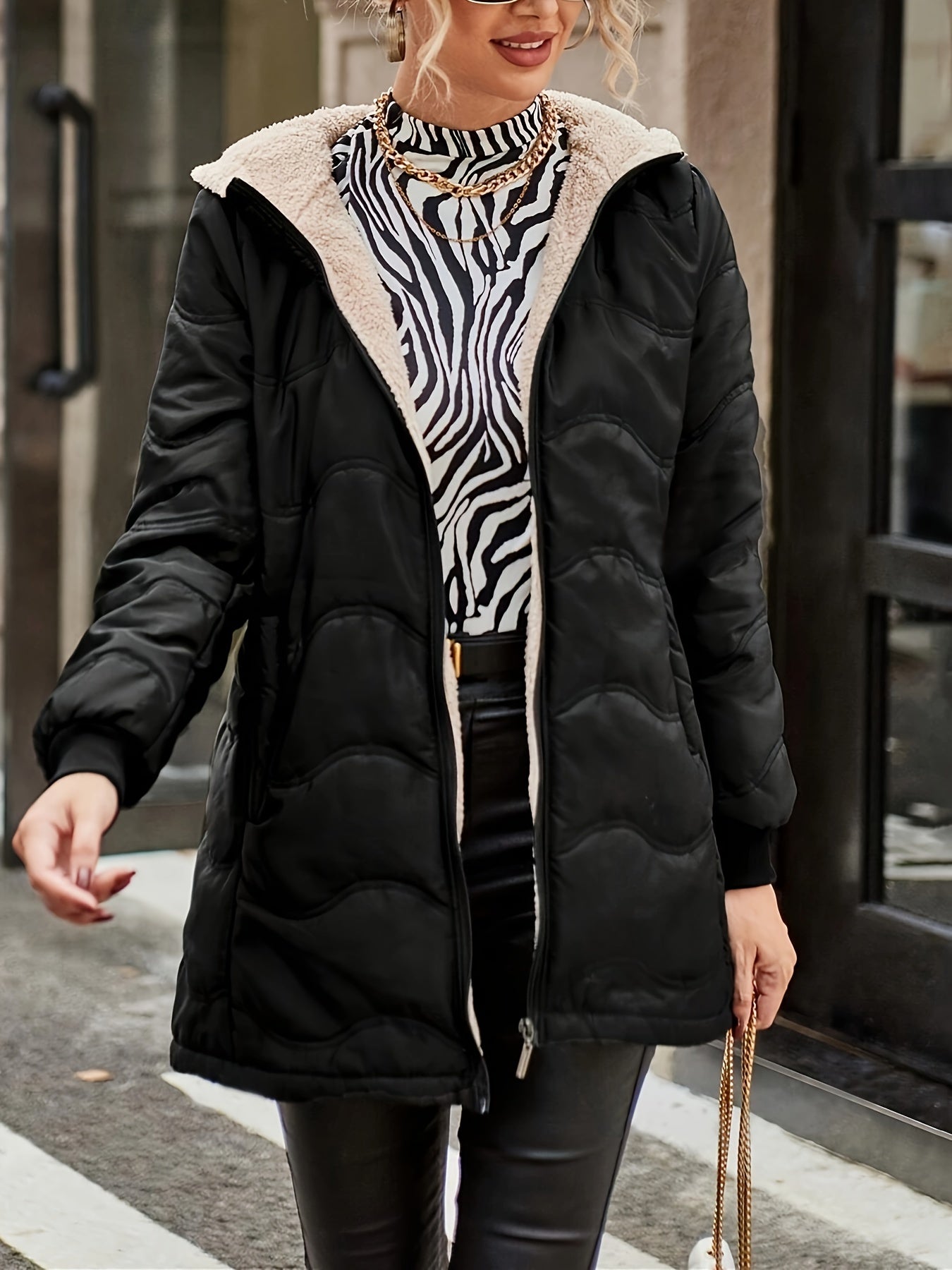 1pc Women'S Winter Warmth Casual Fleece-Lined Jacket with Zipper Pockets - Solid Color Polyester Woven Outerwear