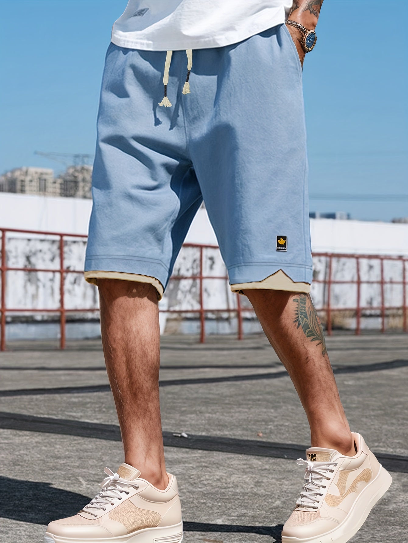 Men's Solid Shorts With Pockets, Casual Elastic Waist Fake Two-piece Drawstring Shorts For Summer