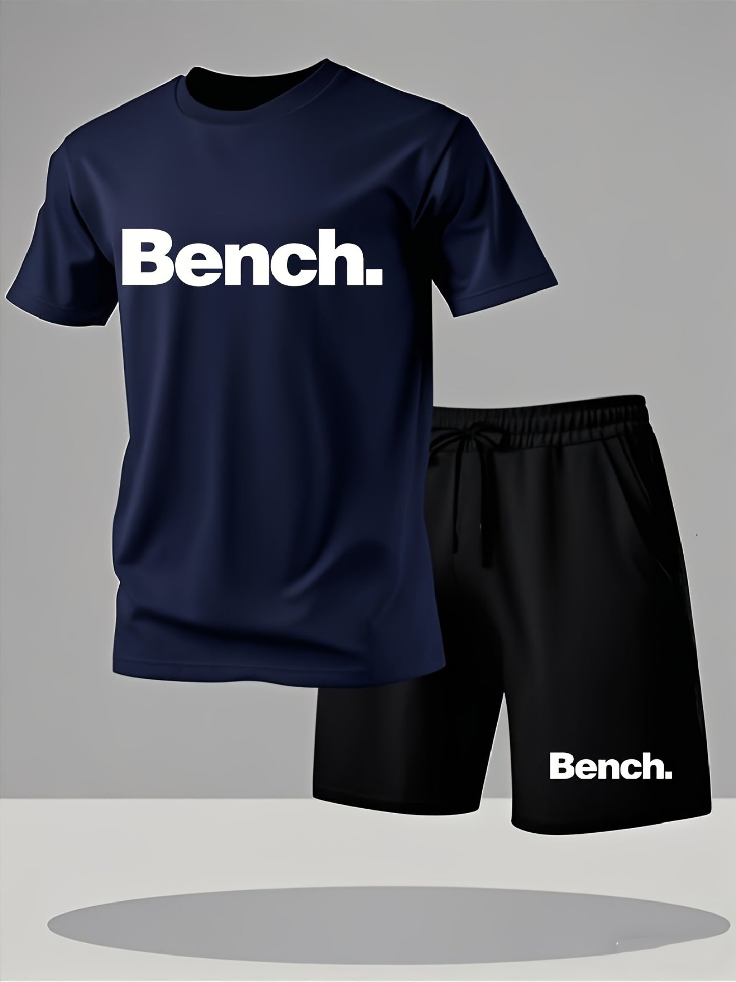 Summer Men'S Casual Sports Short Sleeve T-Shirt and Shorts Set, Knitted Polyester Fabric, Comfortable Breathable, Bench. Letter Print Design - 2pcs