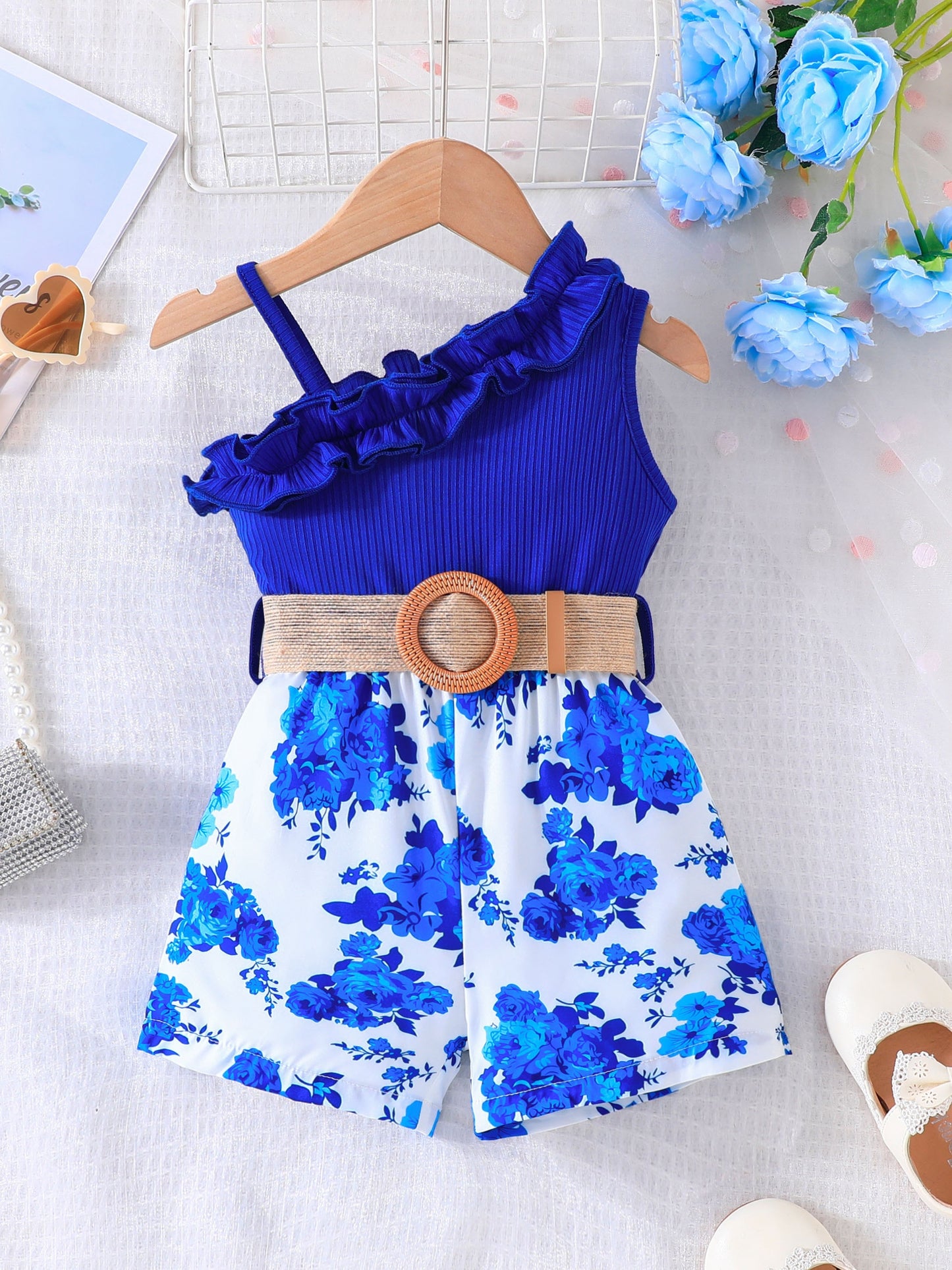 Baby's Vacation Style Flower Pattern Splicing One-Shoulder Romper With Belt, Toddler & Infant Girl's Bodysuit For Summer Daily & Outdoor Wear