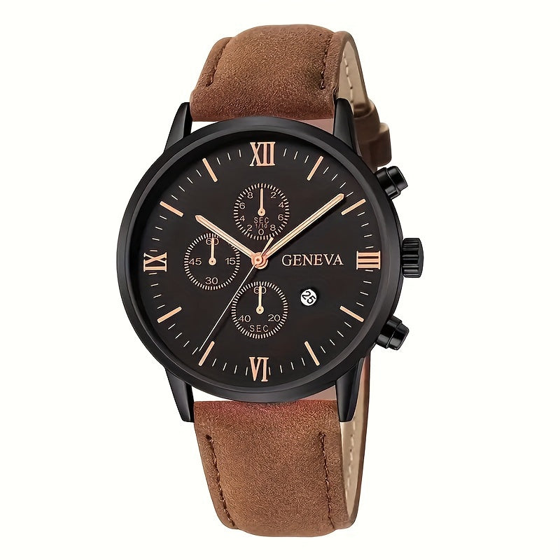 1pc Geneva Vintage Men'S Quartz Watch, Round Alloy Case, Analog Display, with Date Feature, PU Leather Strap, Battery Powered (Button Battery), for Valentine's, Easter, Ramadan, Birthday, Christmas Gifts
