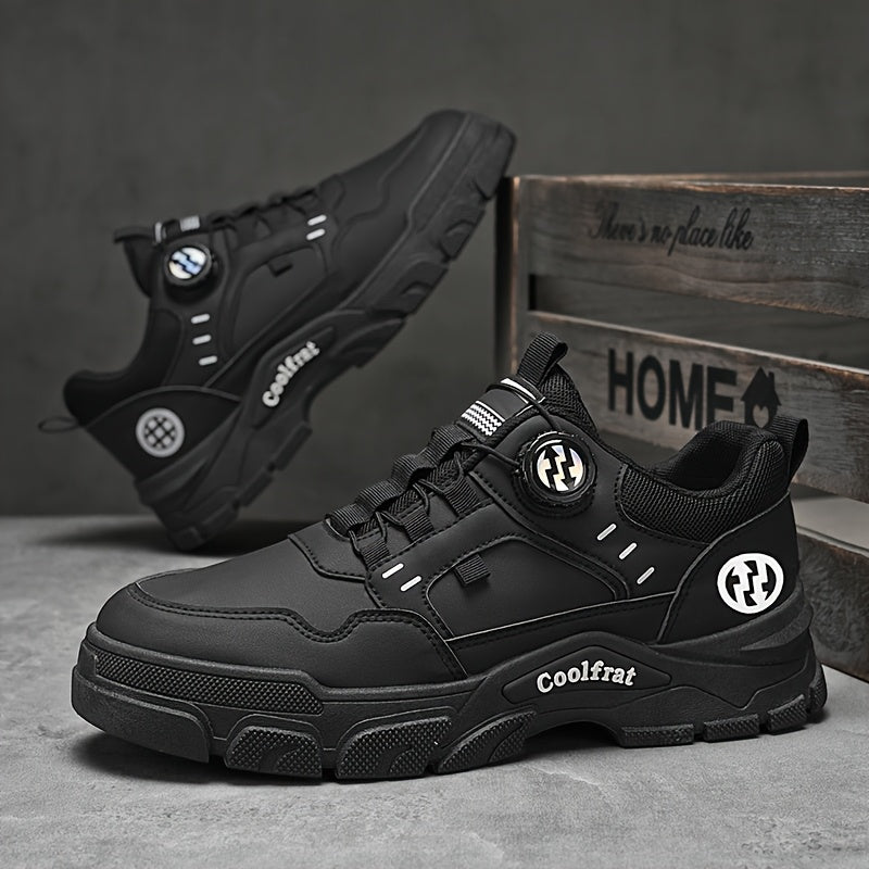 Men's Solid Color Skate Sneakers - Adjustable Rotating Buckle Straps, Slip-Resistant PVC Sole Durable PU Upper, Low-Top Lace-Up Design for Hiking, Walking, Daily Wear - All-Season Casual Streetwear Shoes, Skate Shoes