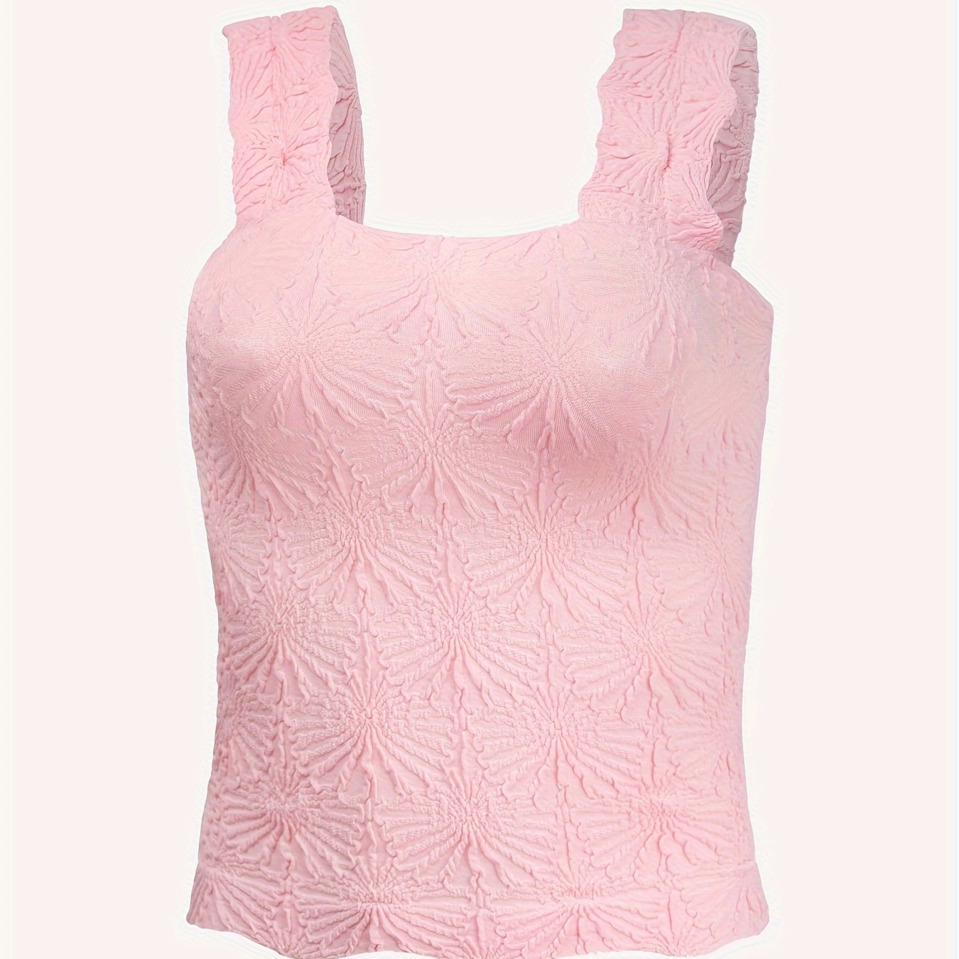 Women's Fashion Cami Tank Top With Jacquard Floral, Wide Shoulder Strap Square Neck Tank Top, Women's Activewear
