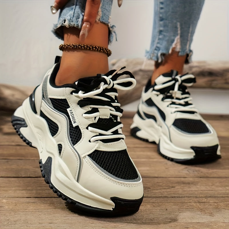 Women's Breathable Mesh Chunky Sneakers - Versatile All-Season, Mid-Top Lace-Up Sports Shoes in Beige/Brown & Black/White, Faux Cover Upper with Rubber Sole, Easy Care, High Top Sneakers