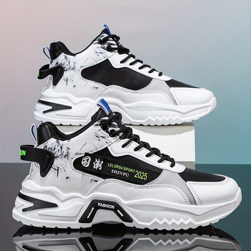 Men's Sneakers - Thick Platform Cushioned Sole, Lace-Up Closure, PU Upper Non-Slip PVC Outsole - All-Season Gym, Casual, Everyday Sneakers - Black/White Colorway - Affordable Men's Footwear, Casual Walking, Trendy Kicks, Co