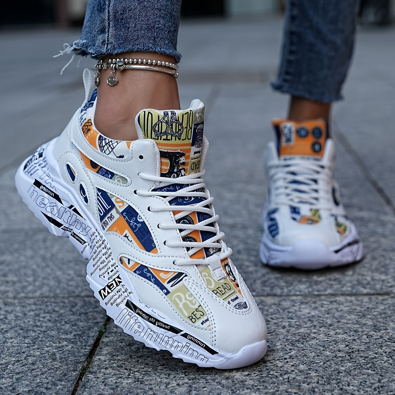 Men'S Women'S Graffiti Couple Sneakers, All-Season Lightweight Cushioned Running Shoes, Stability Pronation, Cartoon Pattern, MD Sole, EVA Insole, Polyurethane Upper, Fabric Lining