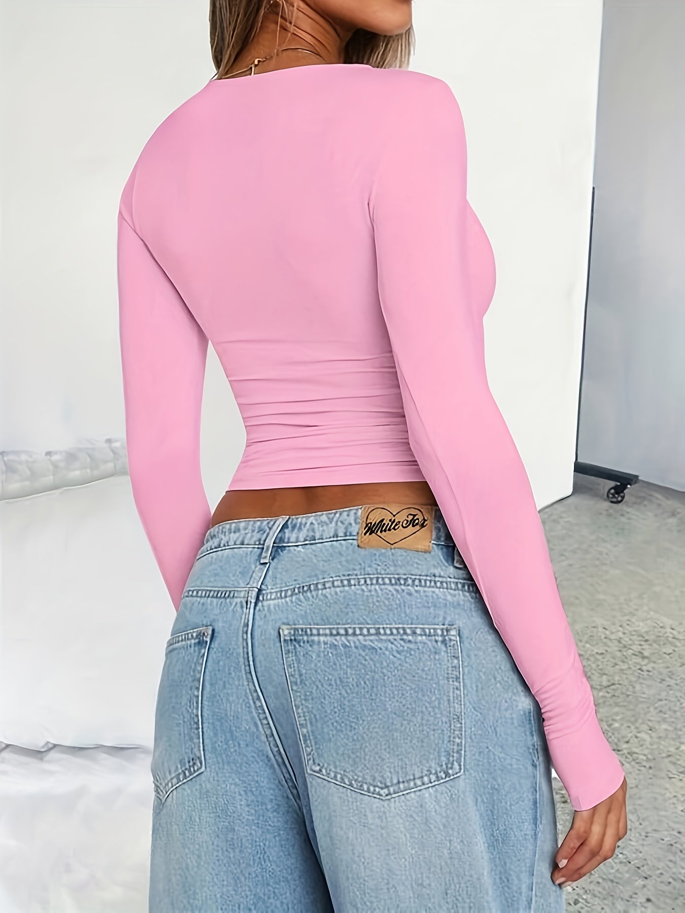 Women's Y2K Style Solid Color Crew Neck Long Sleeve T-Shirt, Polyester Knit Fabric, Skinny Fit, Short Length Pullover for Spring/Fall, Ladies T Shirts