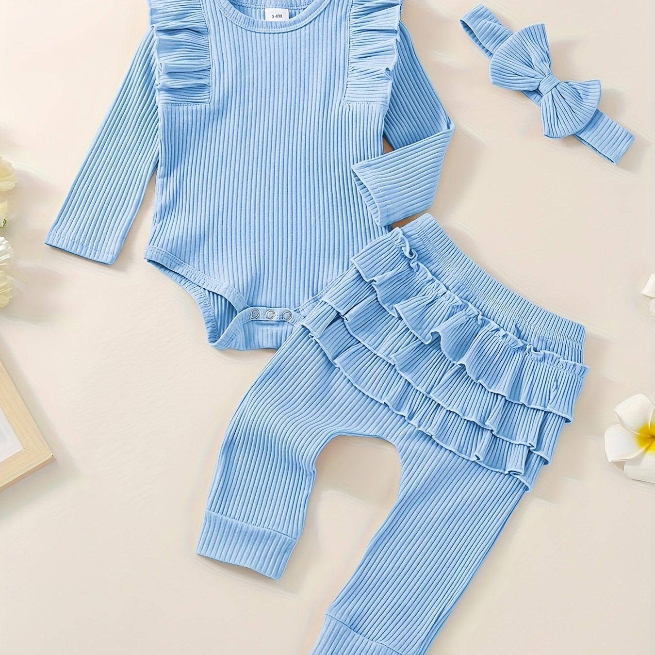 3pcs Baby Girl Outfit Set, Cute Ribbed Ruffle Long Sleeve Romper & Pants, 95% Cotton 5% Spandex, Crew Neck Pullovers, Solid Color, Regular Fit, No Belt, Fall/Winter Knit Fabric, 0-18 Months, for Outdoor