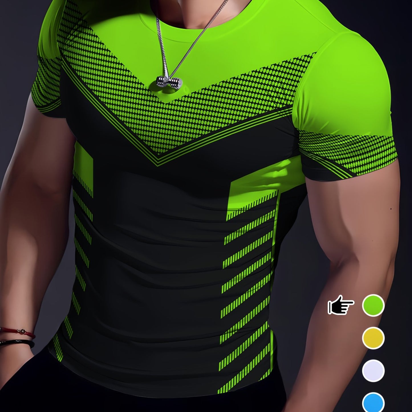 Men'S Geometric-Pattern Sports T-Shirt, Polyester Blend, Crew Neck, High Stretch, Short Sleeve, Quick-Dry, Tear-Resistant, Knit Fabric, Skinny Fit, with 3D Heat Sublimation for Running, Yoga, Training, Hiking, Casual & Athlet