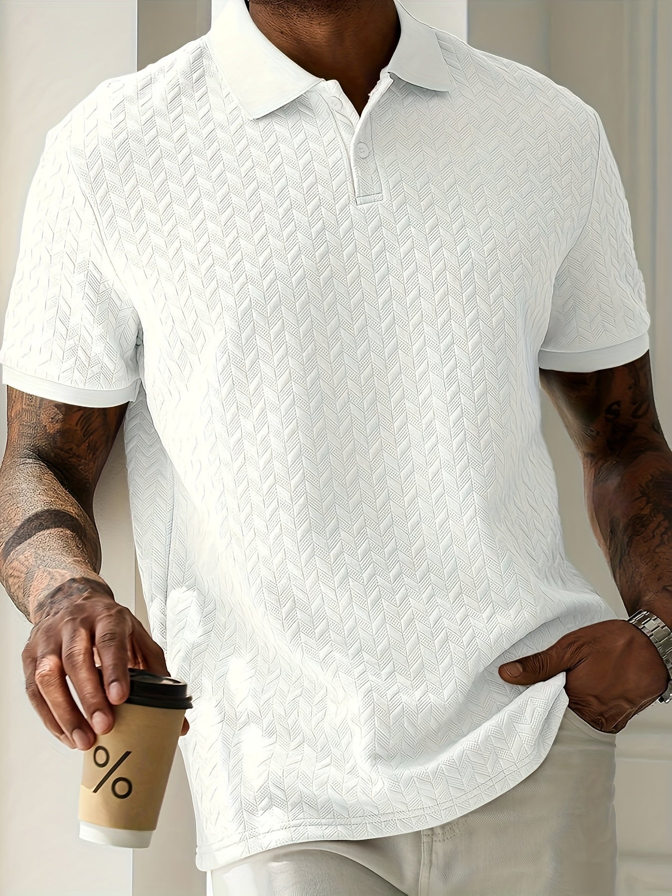 Men'S Casual Black Short Sleeve Polo Shirt with Textured Diamond Pattern - Polyester, Button-Up, Regular Fit for Summer, Casual Attire|Textured Pattern Shirt|Polyester Fabric