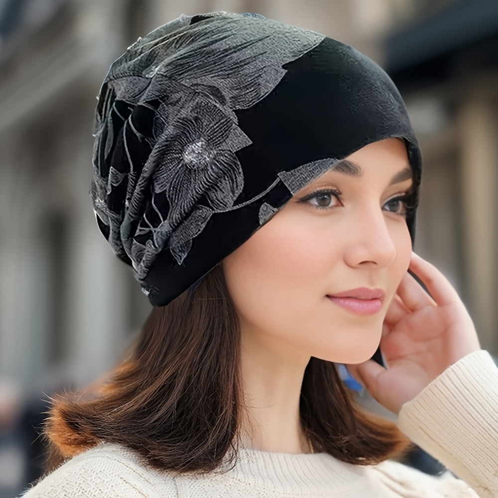 Boho-Chic Floral Print Beanie for Women - Stretchy, Lightweight & Warm Knit Cap for Autumn/Winter Outdoor Activities, Brimless, Bohemian Style