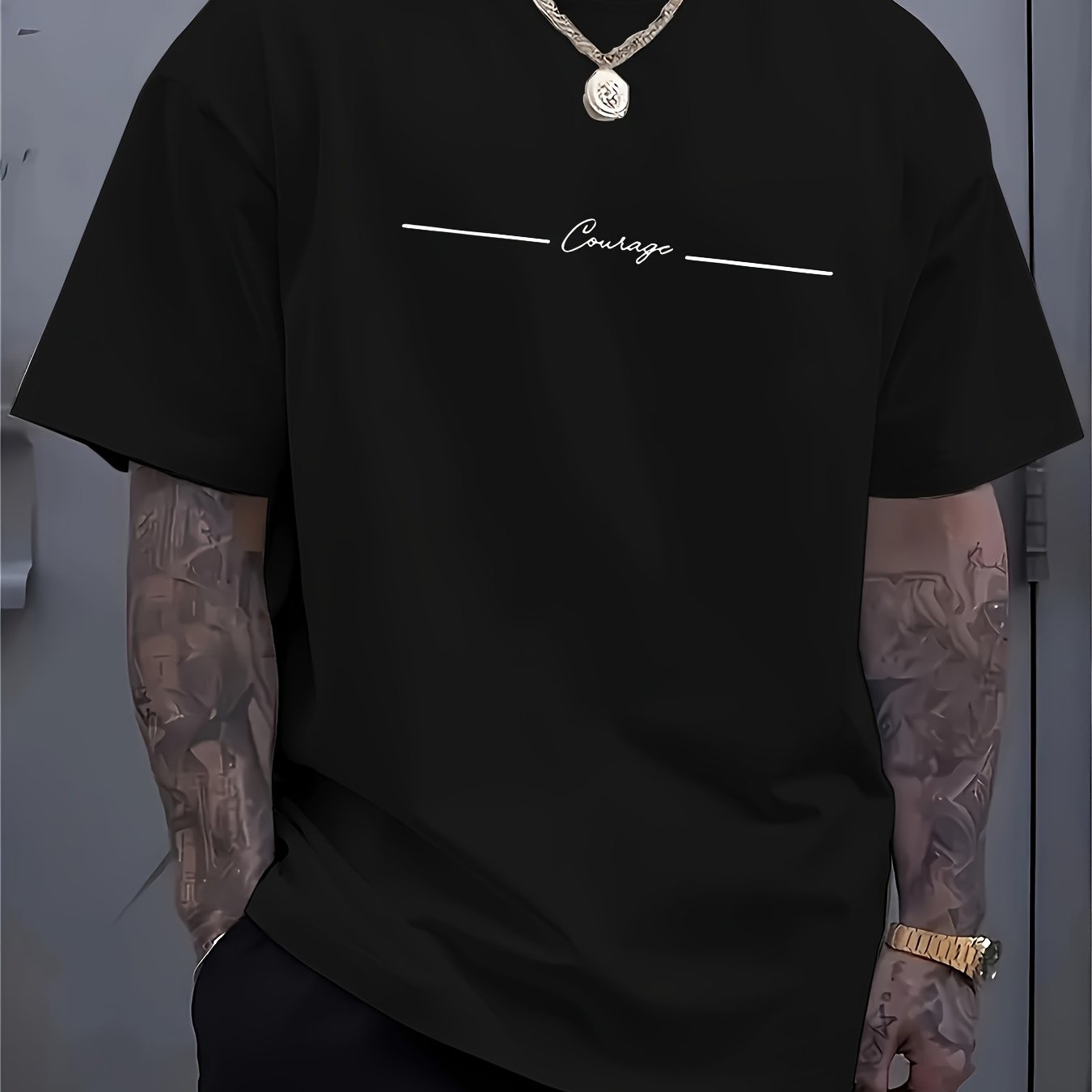 Men'S Casual Crew Neck T-Shirt with Trendy English Print, 95% Polyester 5% Elastane, Slight Stretch Knit Fabric, Regular Fit, Summer Wear - MBDMBD