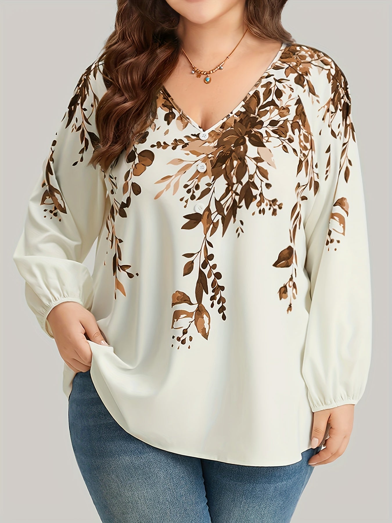 Plus Size Floral Print Blouse, Casual V Neck Long Sleeve Blouse For Spring, Women's Plus Size Clothing