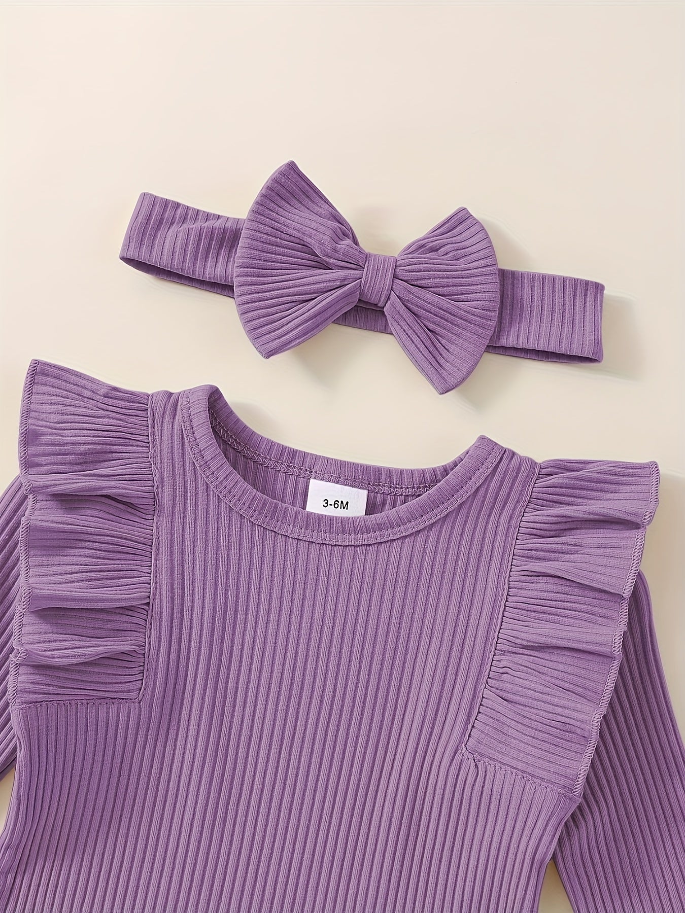 3pcs Baby Girl Outfit Set, Cute Ribbed Ruffle Long Sleeve Romper & Pants, 95% Cotton 5% Spandex, Crew Neck Pullovers, Solid Color, Regular Fit, No Belt, Fall/Winter Knit Fabric, 0-18 Months, for Outdoor