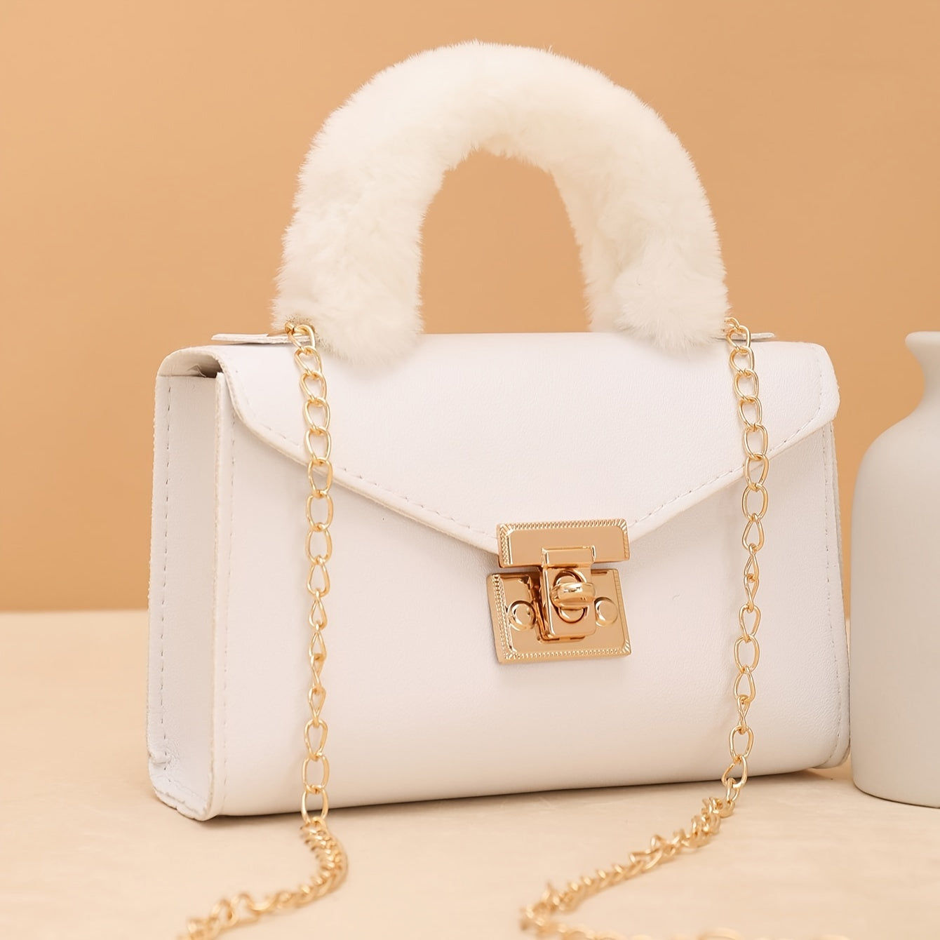 1pc Elegant Crossbody Bag with Soft Plush Handle, Solid Color Casual Messenger Bag with Removable Strap and Turn-Lock Closure for Daily Use, Small Crossbody Bag