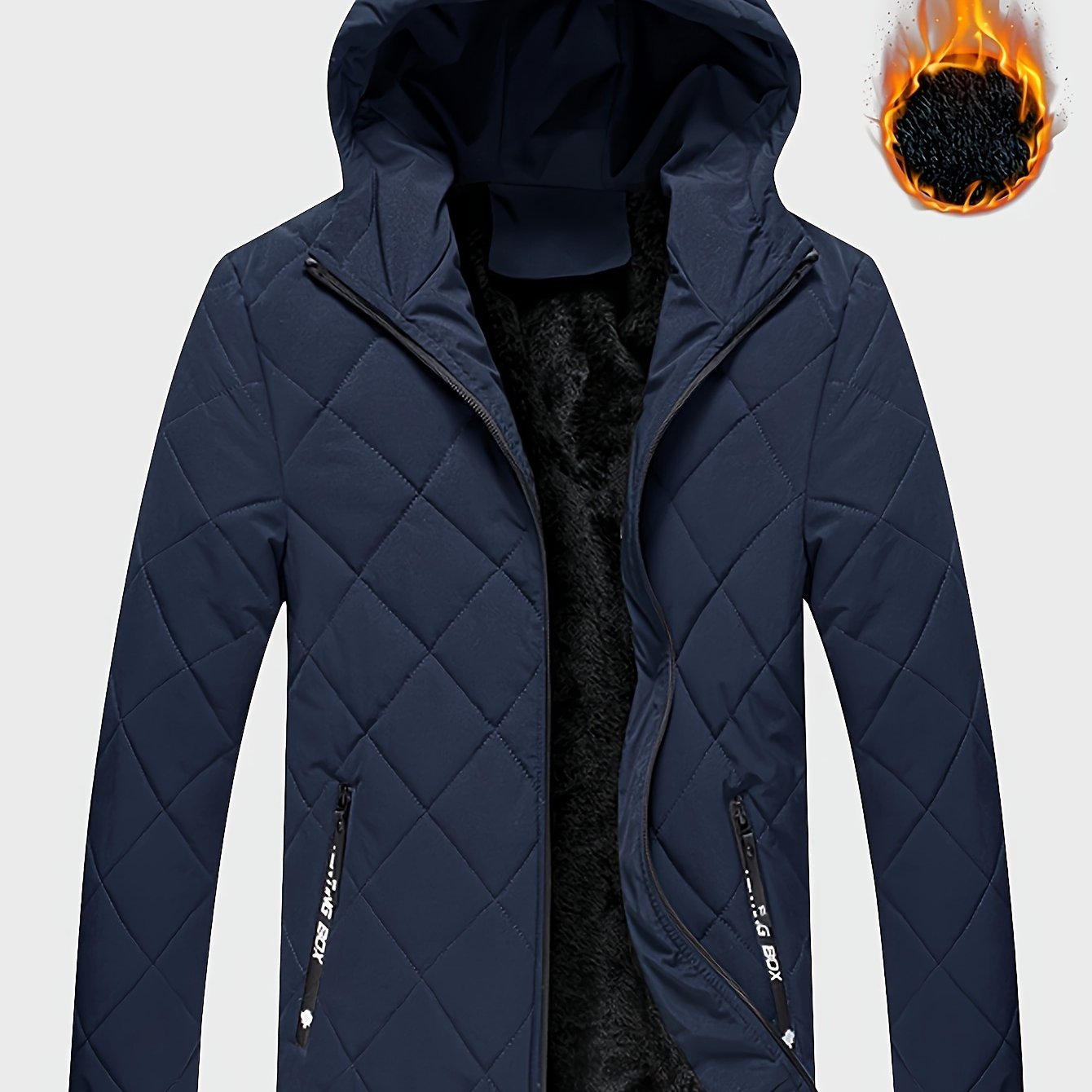 Men's Casual Fleece-Lined Hoodie Jacket - Warm, Windproof Zip-Up Coat with Quilted Design for Fall/Winter, Winter Coat