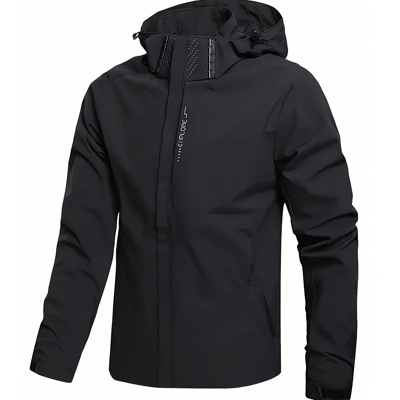 Men's Hooded Casual Windbreaker Jacket - 100% Polyester, Non-Stretch Woven Fabric, Long Sleeve, Regular Length, Alphabet Pattern, Zippered Pockets, Detachable Hood - All-Season Outdoor Lightweight Coat