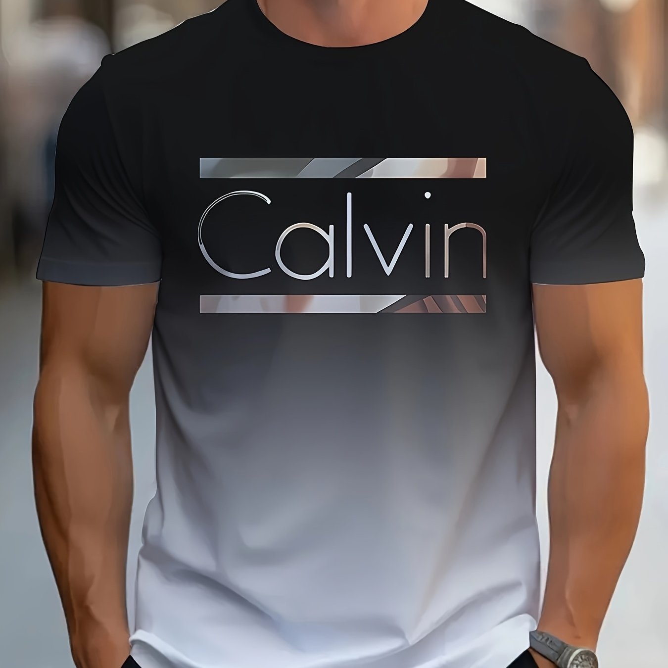 Men'S "Calvin" Graphic T-Shirt - Casual 3D Print Letter Tee with Geometric Design, Short Sleeve, Round Neck, Light Blue, Perfect for Summer, Everyday Sportswear, Casual Wear Tee Modern Casualwear Comfortable Fit
