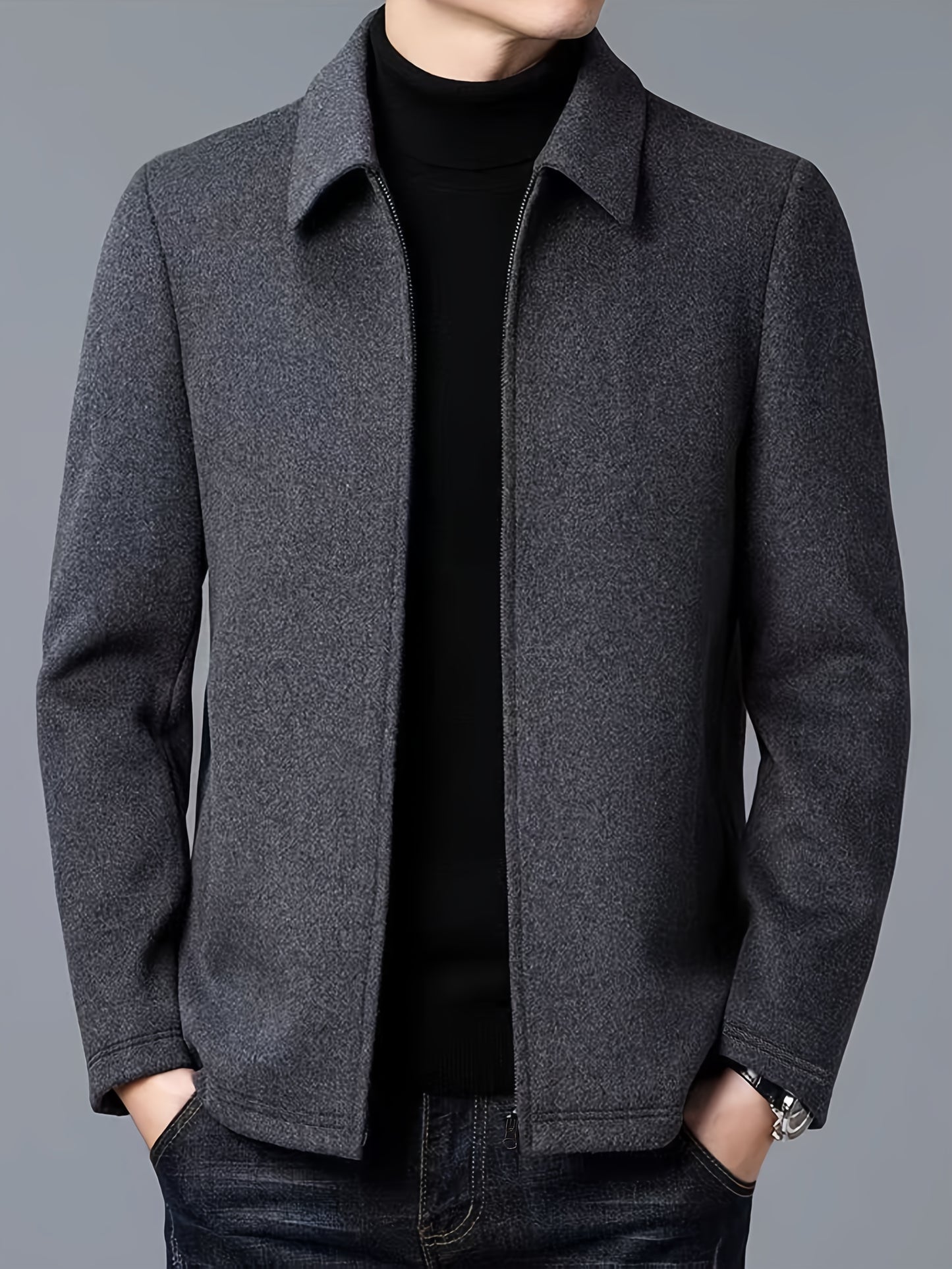 Men's Autumn and Winter Fleece Jacket with Zipper and Turn-up Collar