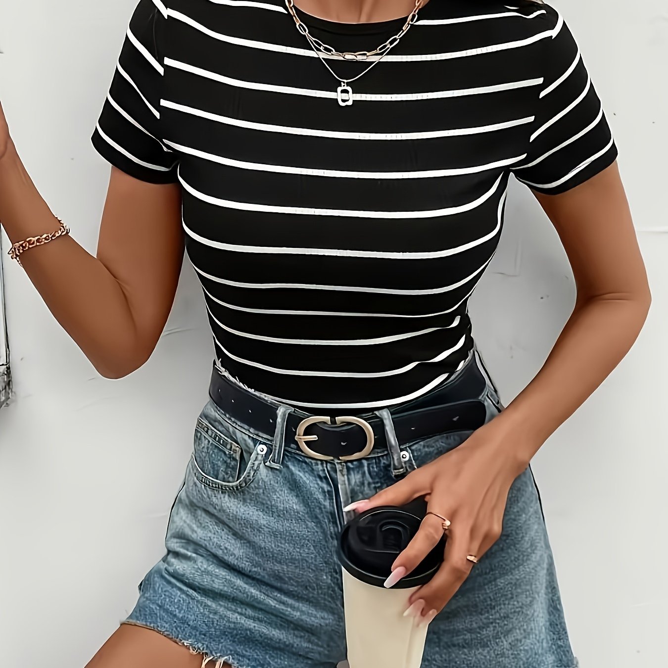 Women's Slim Fit Striped Short Sleeve T-Shirt - Black & White Horizontal Stripes, Round Neck, Breathable Summer Casual Top, Machine Washable, Everyday Fashion, Sophisticated Casual, Quality Casualwear, Relaxed Outfit, Classic