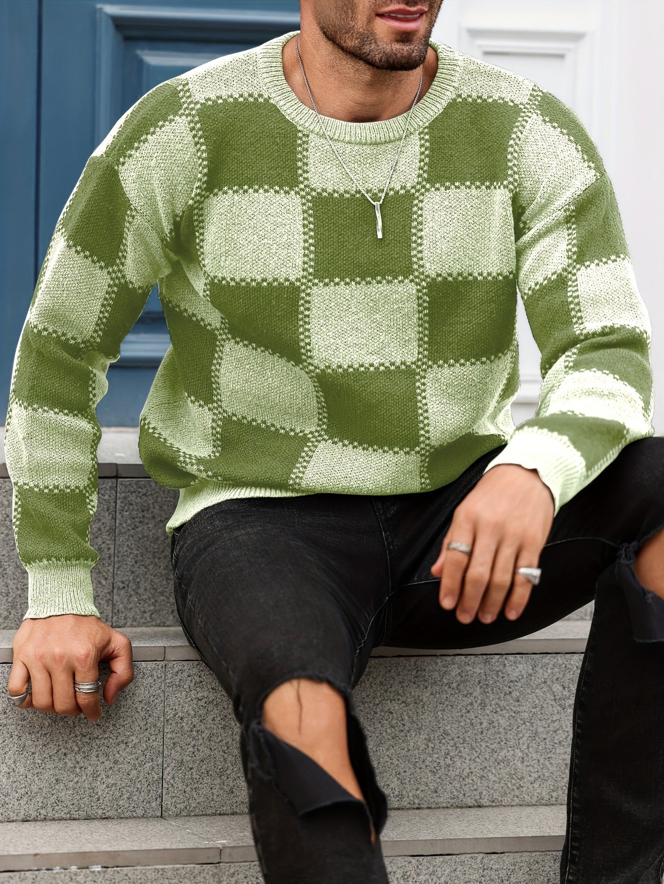 Men's Color Blocking Textured Checked Print Casual Trendy Sweater, Long Sleeve Pullover As Gift For Fall And Winter