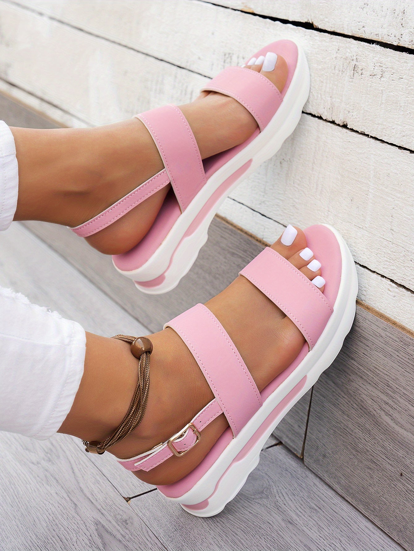 Mhysa Women's Comfortable Open-Toe Platform Sandals with Thick Sole & Golden Buckle Strap - Summer Casual White PU Cover Ankle Strap Sandals for Casual Attire, Ladies Sandals