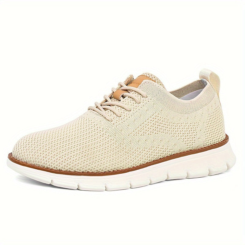 Men's Breathable Knit Business Casual Shoes - Beige with Brown Accents, Lace-Up, EVA Sole, Round Toe, Versatile for All Seasons, Dressy Shoes