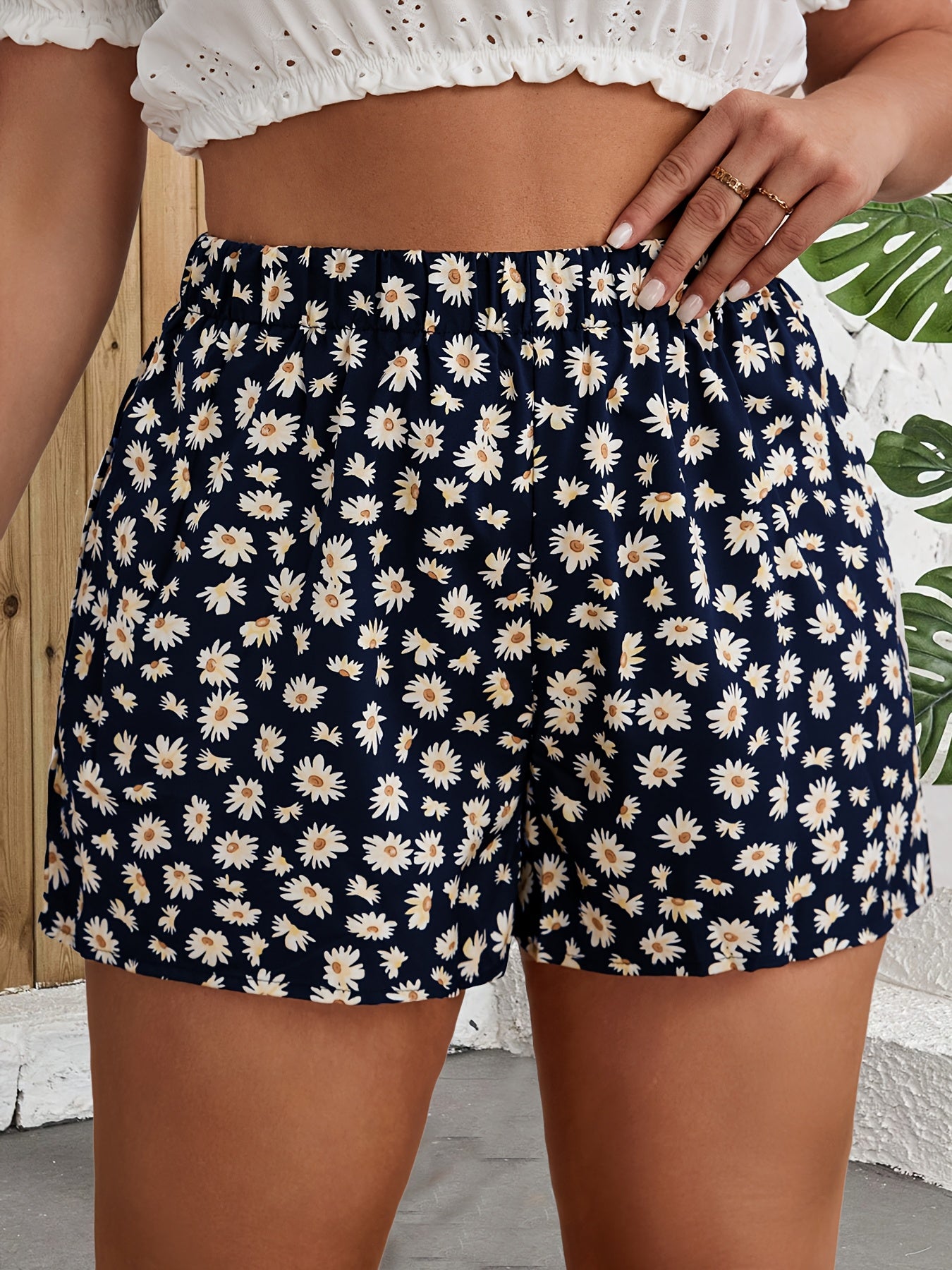 Women's High-Waisted Floral Print Wide-Leg Shorts - Navy Blue with Yellow & White Flowers, Lightweight Polyester, Perfect for Spring & Summer Travel, Vacation Style, Spring Shorts | Floral Shorts | Stylish Design, High Waiste