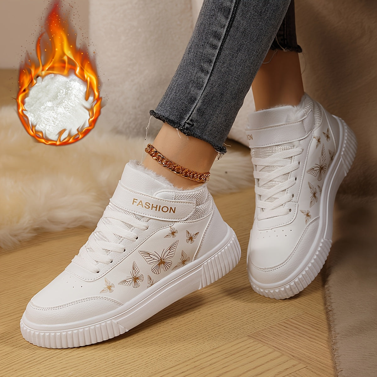 Women'S Butterfly Print Warm Sneakers - Lightweight, Comfortable, Thick-Soled Lace-Up Running Shoes for Work, School, and Stylish Outfits, Perfect for Students, Winter Footwear | Stylish Sneakers | EVA Sole Sneakers